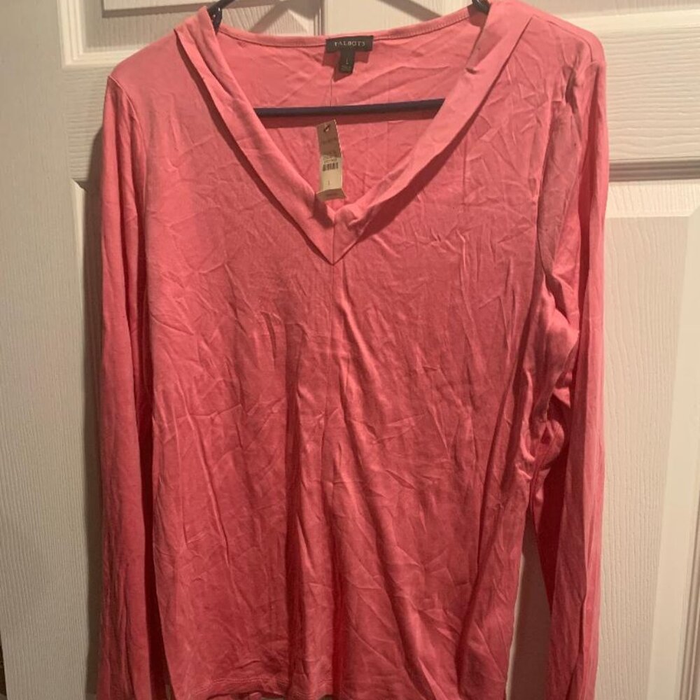 TALBOTS Pink V Neck LS Top Size L NWT